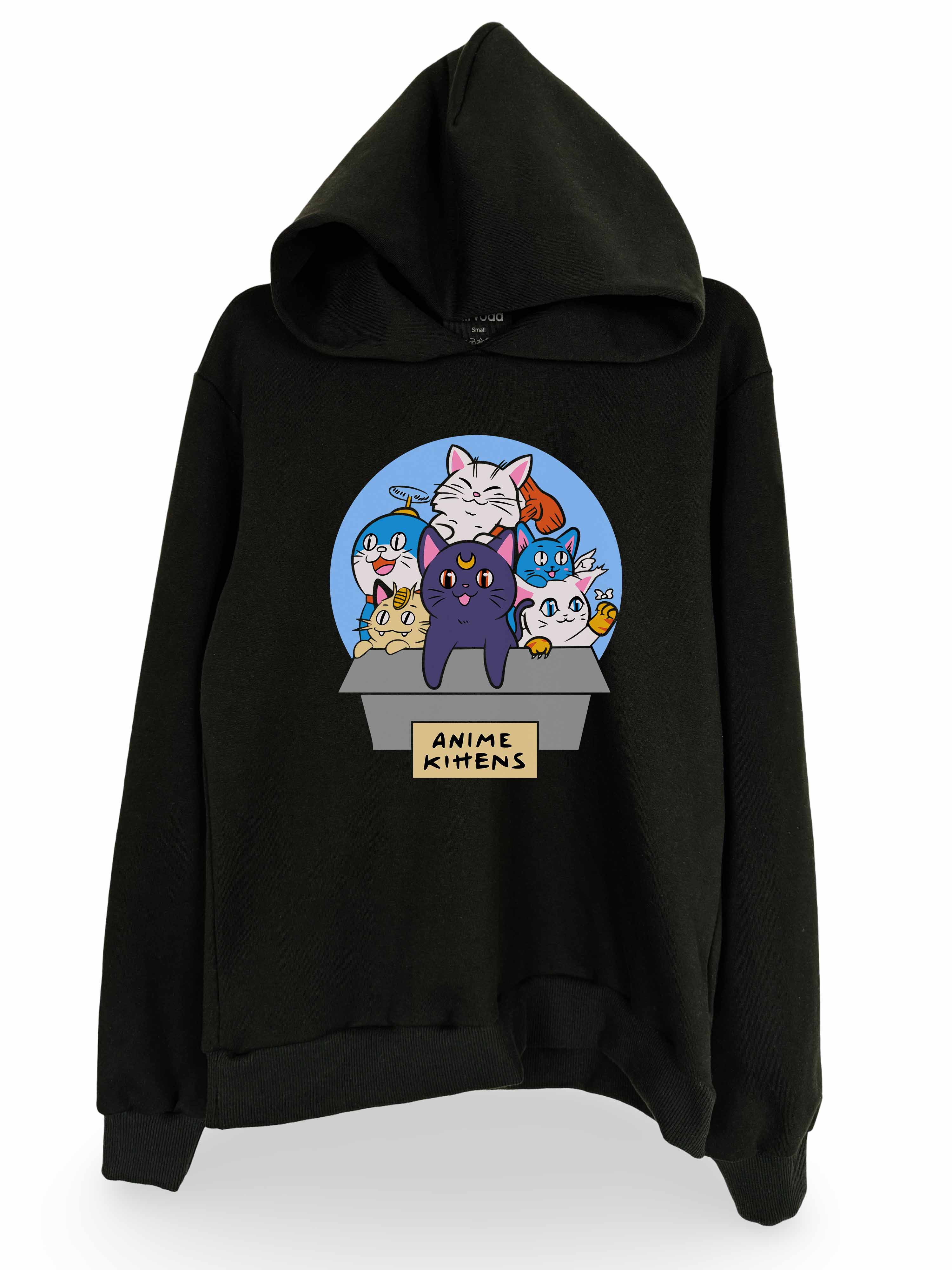 Anime Yavru Kediler Anime Kittens Baskılı Unisex Kapüşonlu Sweatshirt Anime Manga Siyah Hoodie
