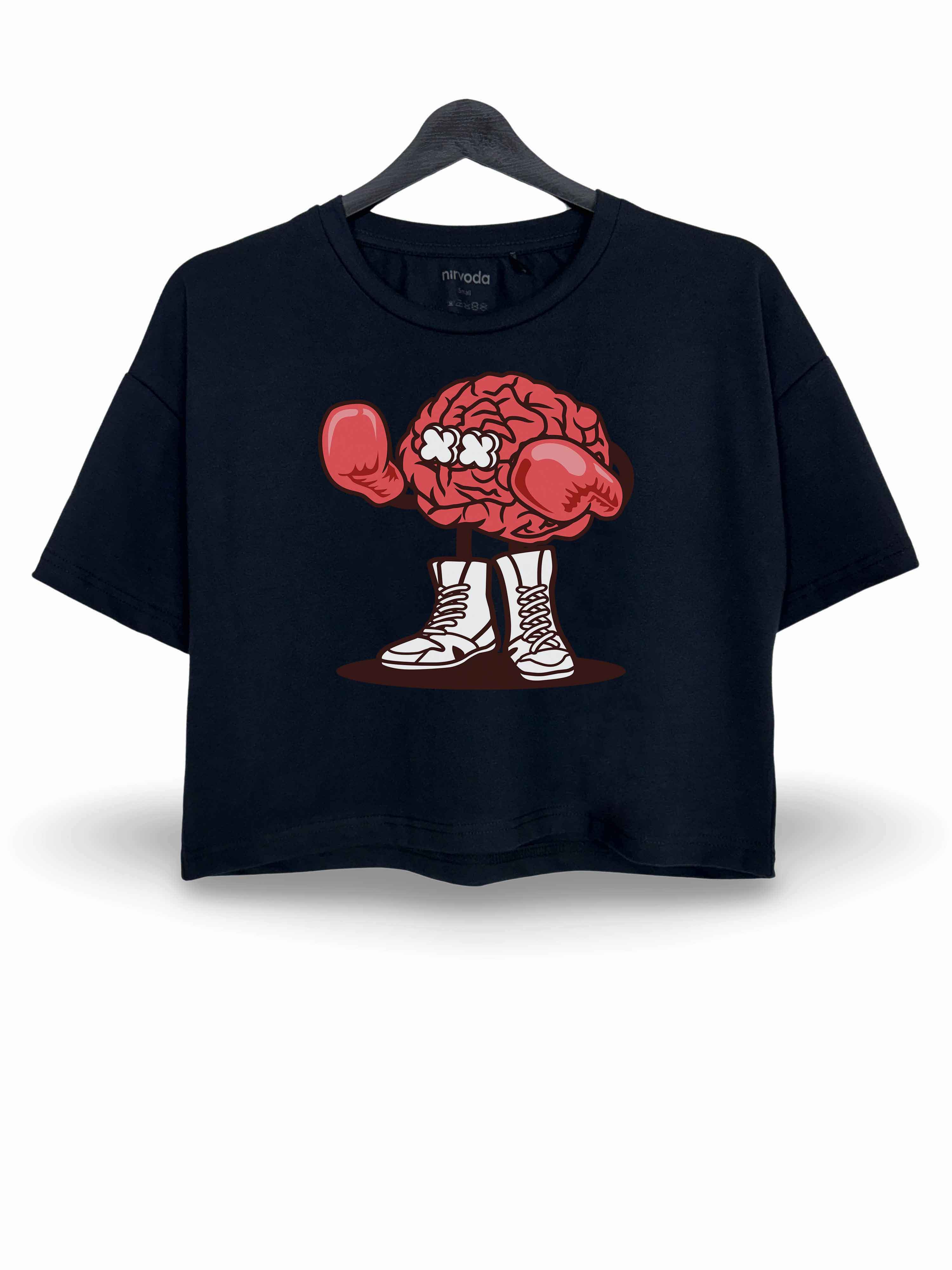 Boks Yapan Beyin Baskılı Oversize Crop Tişört