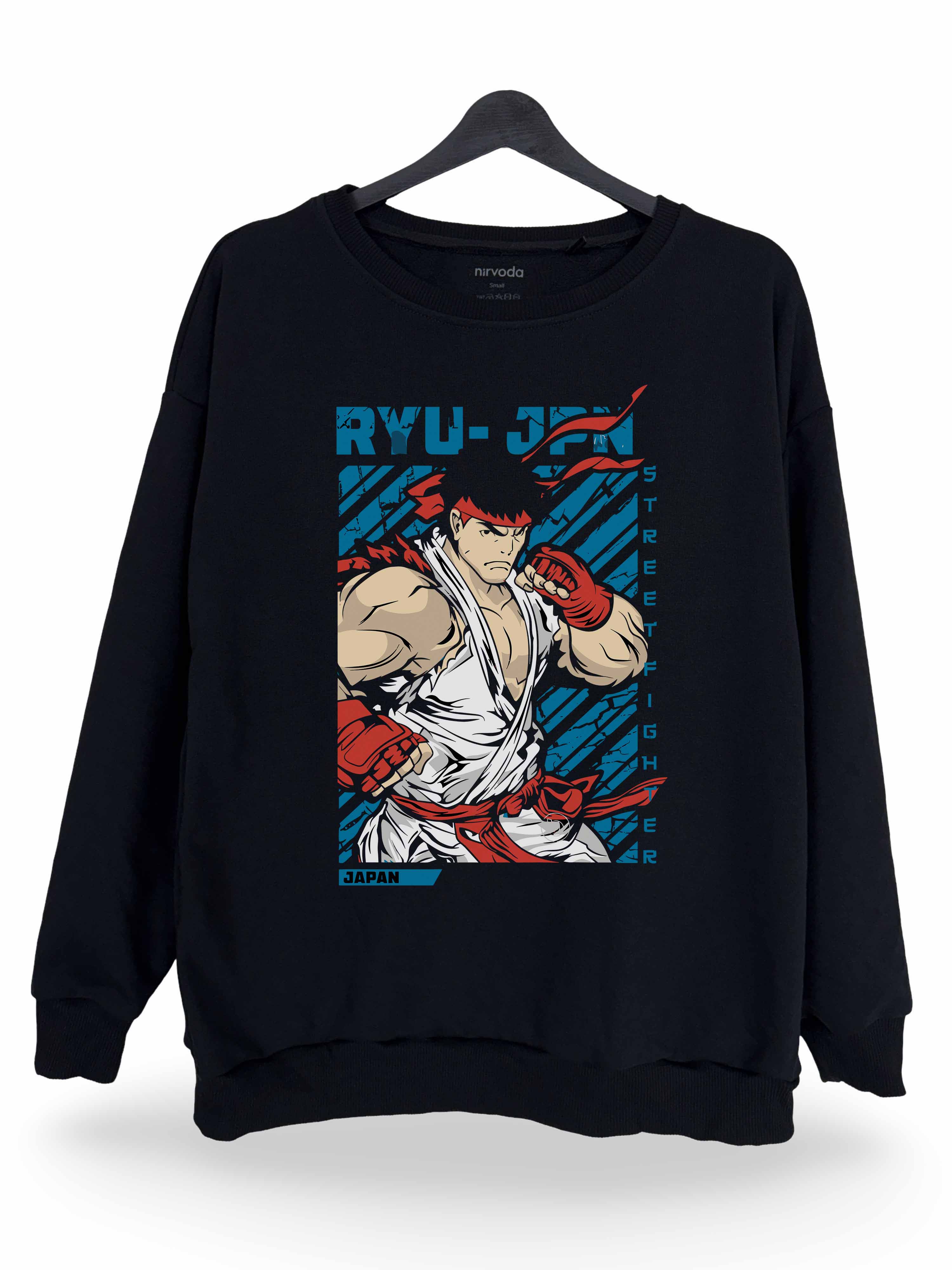 Ryu Japan Street Fighter Baskılı Unisex Bisiklet Yaka Oversize Sweatshirt Siyah