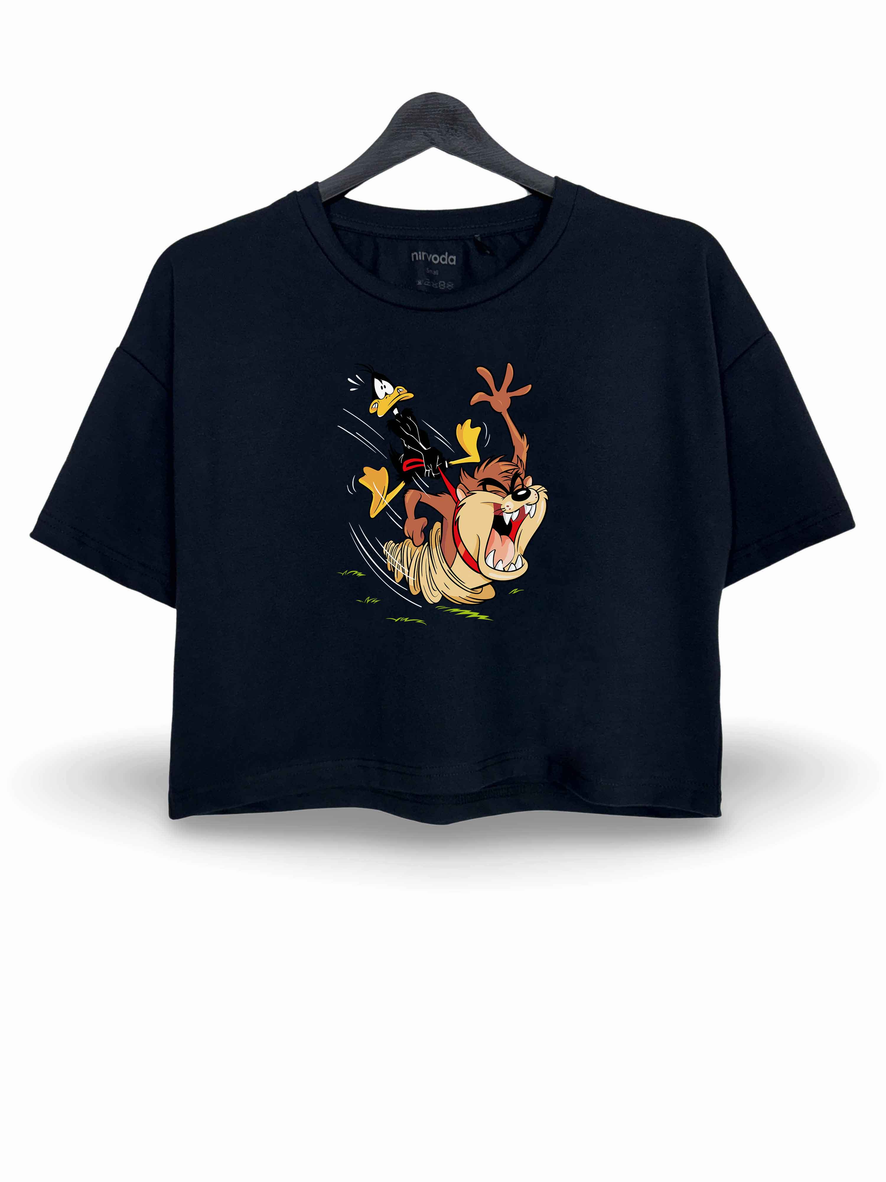 Tazmanya Daffy Duck Baskılı Oversize Crop Tişört