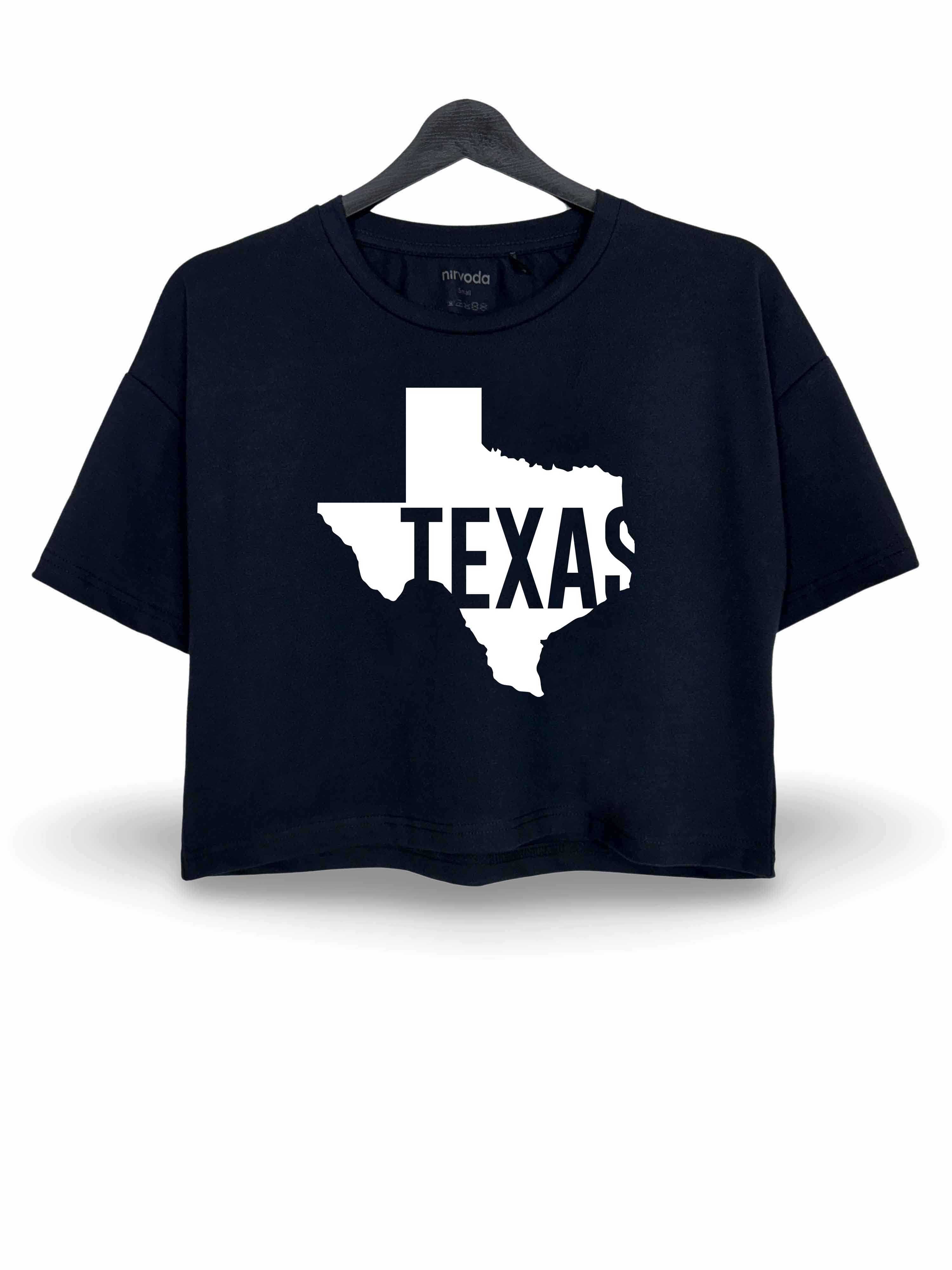 Texas Yazılı Baskılı Oversize Crop Tişört Siyah