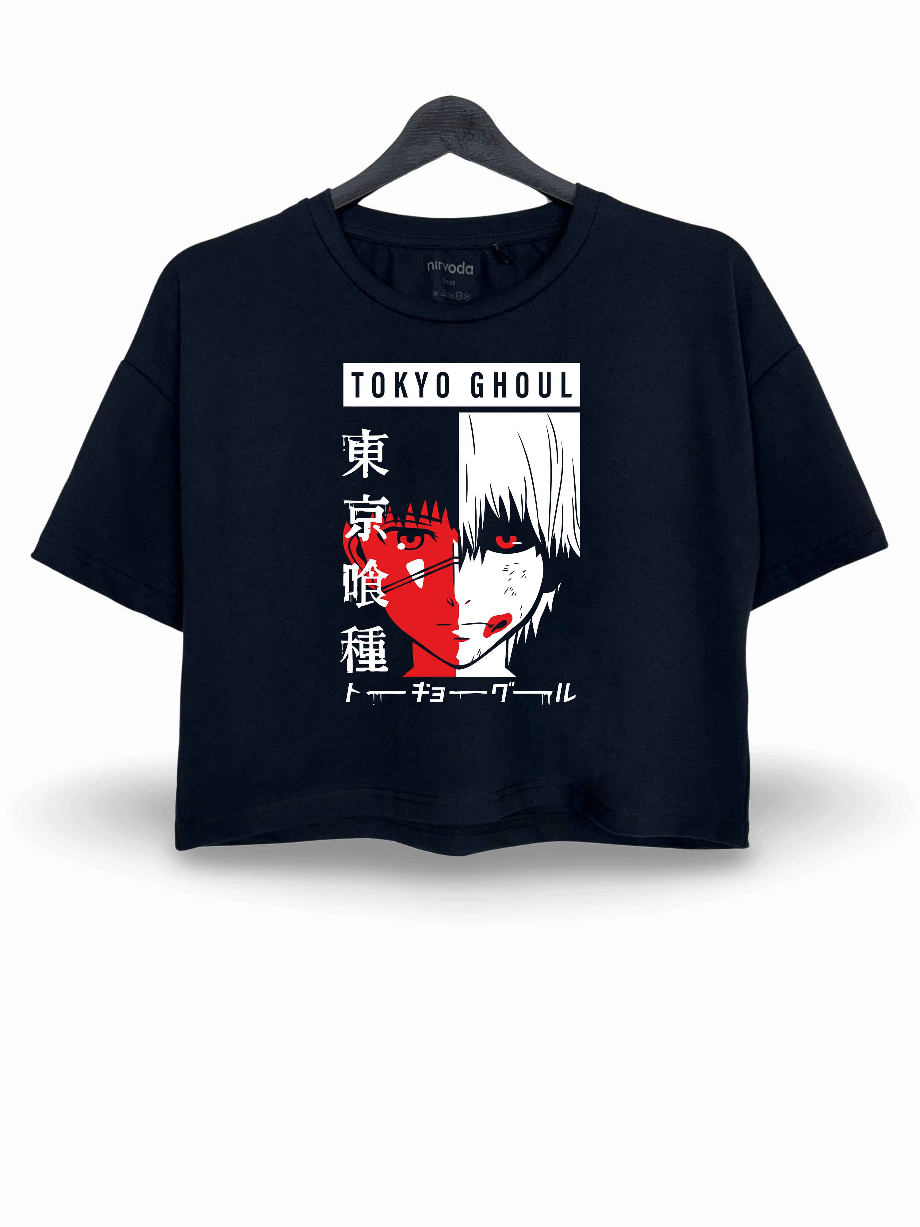 Tokyo Ghoul Kırmızı Beyaz Baskılı Oversize Crop Tişört Siyah