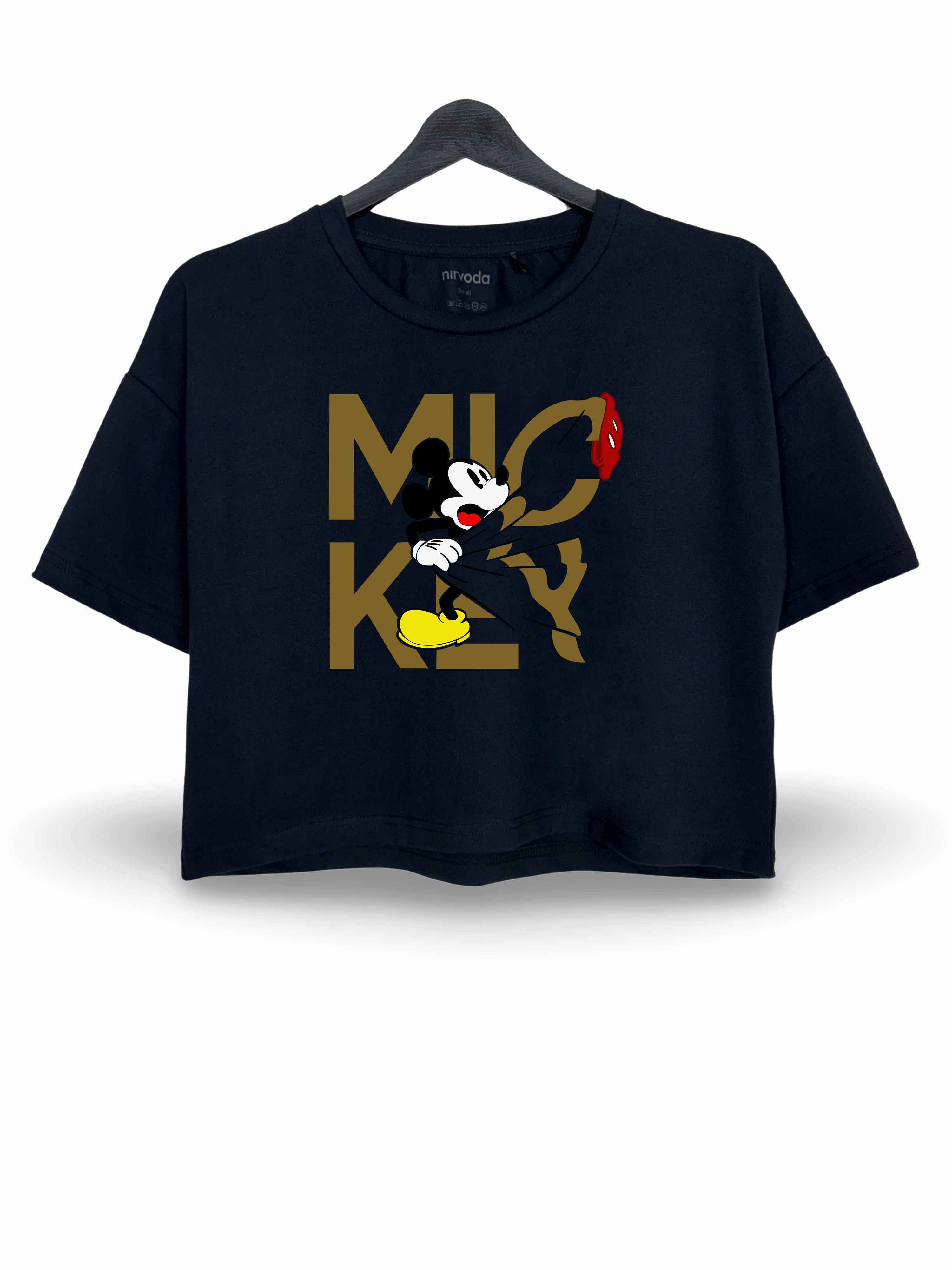 Utangaç Mickey Mouse Baskılı Oversize Crop Tişört