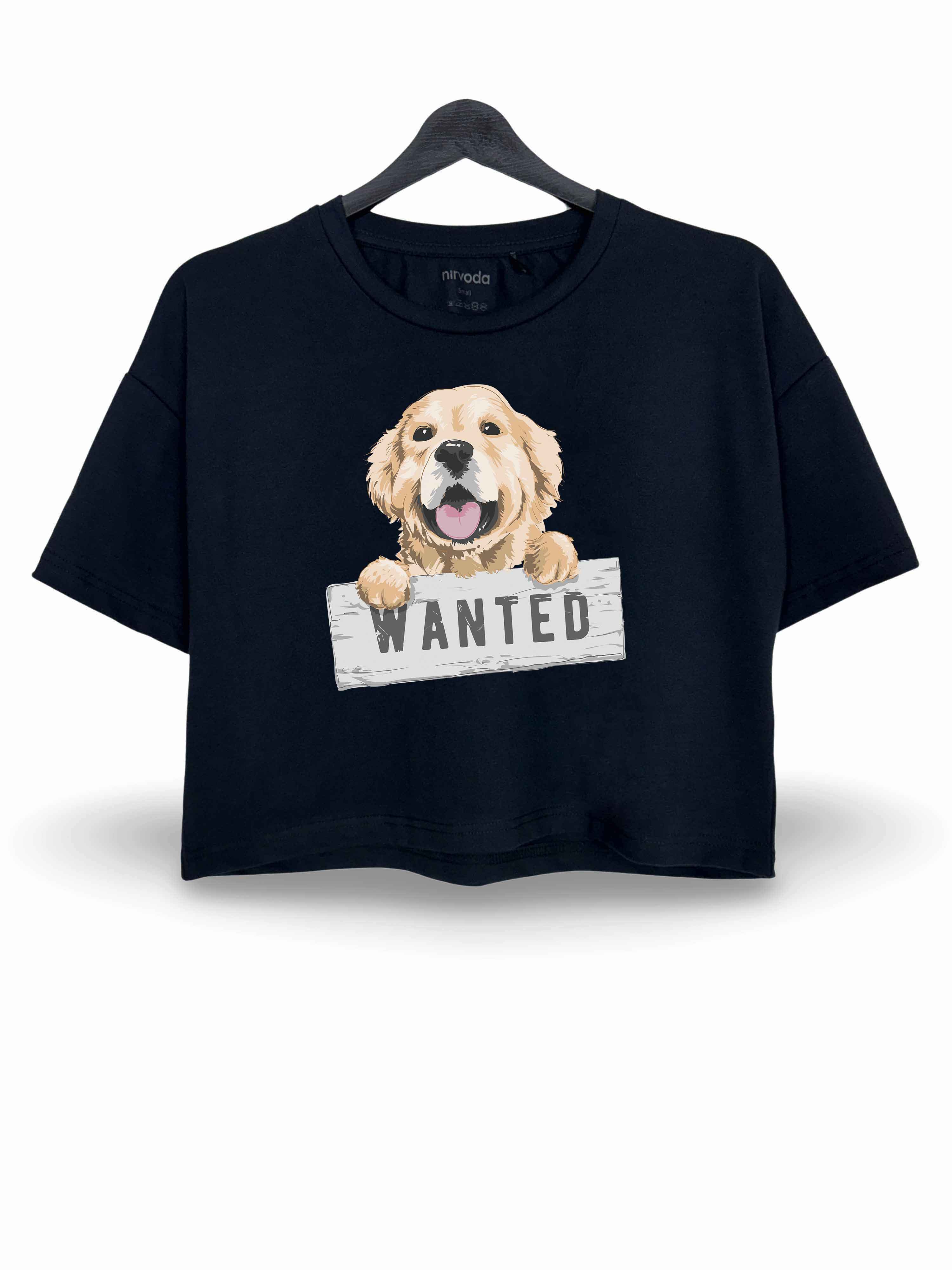Wanted Golden Köpek Baskılı Oversize Crop Tişört